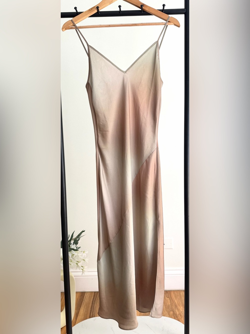 Babaton Aritzia Satin Slip Midi Dress Taupe Bias Cut V Neck Strappy S